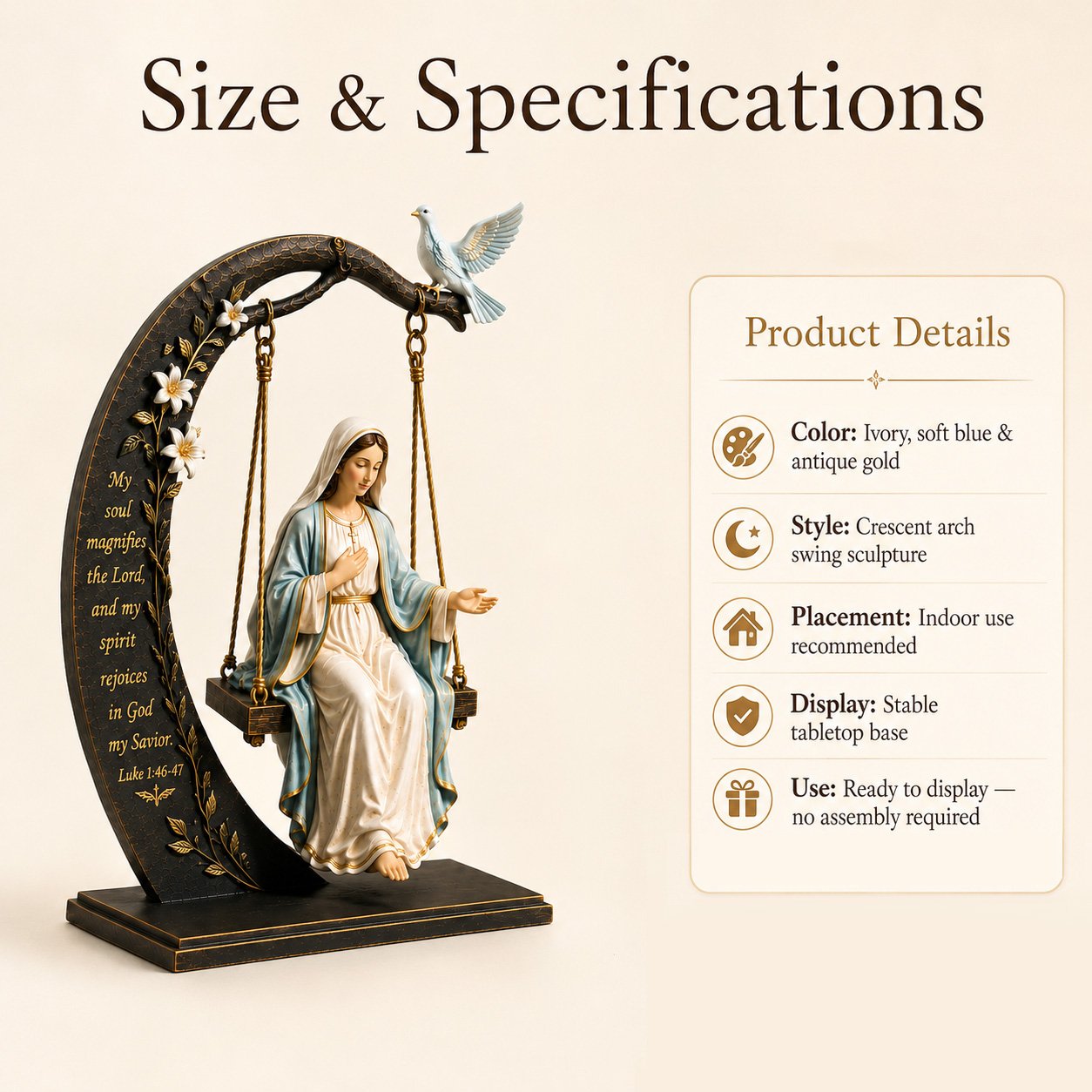 🙏Blessed Mary Cradle Swing Sculpture – Luke 1:46 Faith Table Decor | Holy Virgin Prayer Rocking Decor with Dove & Crescent Arch🕊️